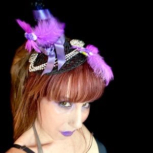 Violet witch hat feather fascinator hair accessory